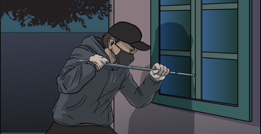 Illustration of burglar forcing entry through a window in Lawrence